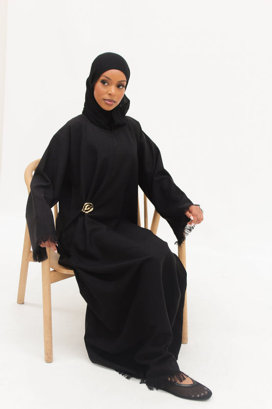 Zara Fringed Abaya - BLACK (ZIP)